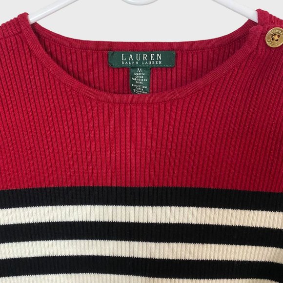 Lauren Ralph Lauren Rib-Knit Sweater Womens Medium Black White Striped Crewneck - Picture 5 of 12